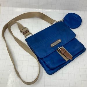 Franco Sarto bright blue nylon, brown trim crossbody travel bag & small pouch